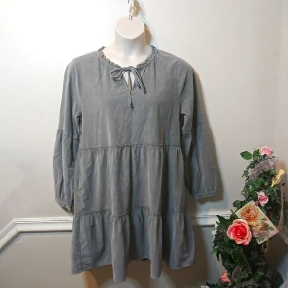 Sundance Dylan Boho Sage Green, Long Sleeved, Tiered Skirt Corduroy Mini Dress - Picture 2 of 14